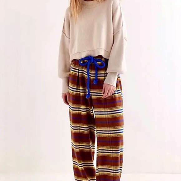 Free People Preppy Plaid Pull On Trousers Pants Flannel Tie Brown Blue S NEW - Picture 5 of 8